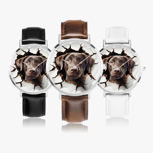 Chocolate Labrador Retriever Pop-Out Ultra-Thin Leather Strap Quartz Watch