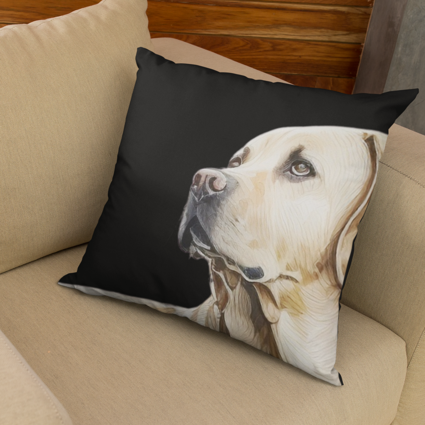 Yellow Labrador Retriever on Black Woven Pillow