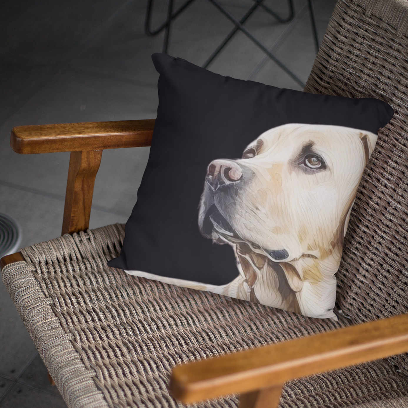 Yellow Labrador Retriever on Black Woven Pillow
