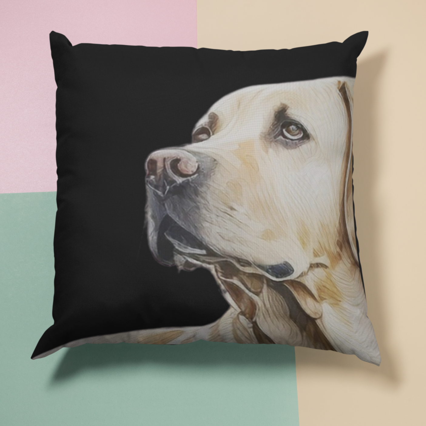 Yellow Labrador Retriever on Black Woven Pillow