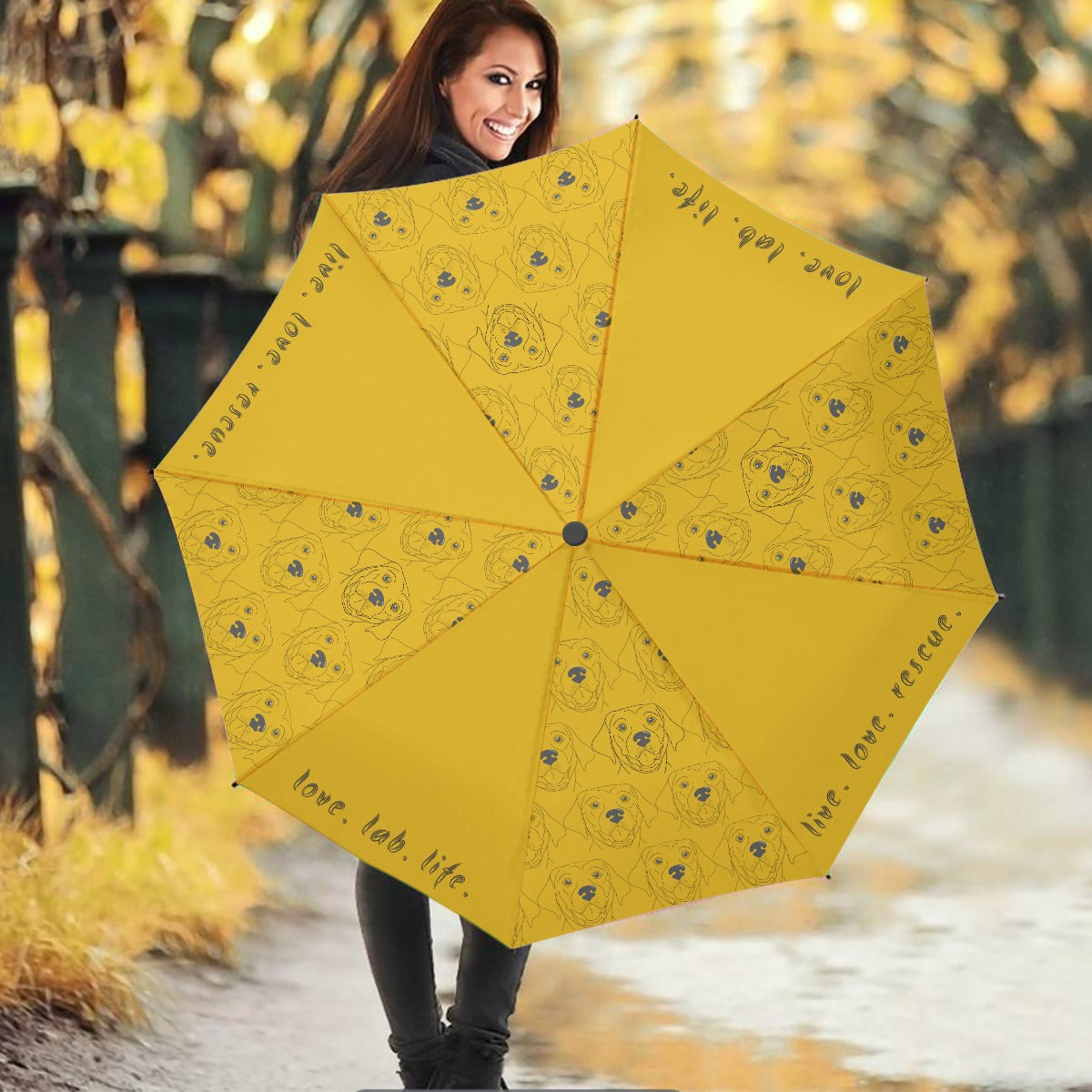 Live Love Rescue Labrador Retriever Black on Yellow Compact Auto Open/Close Umbrella