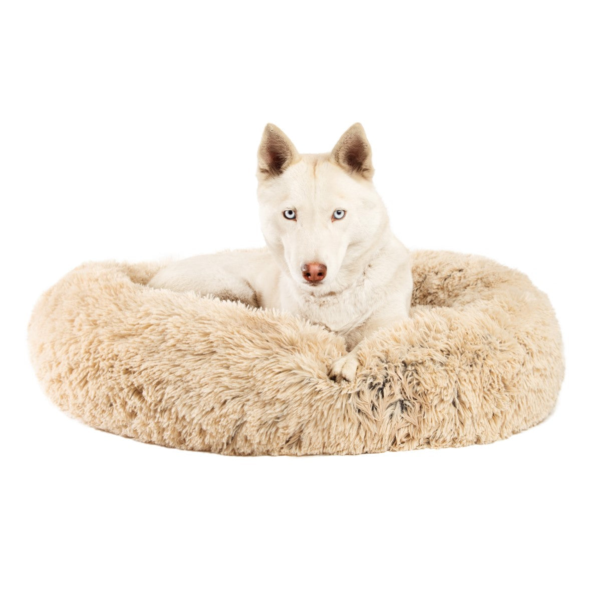 The Calming Taupe Donut Shag Pet Beds